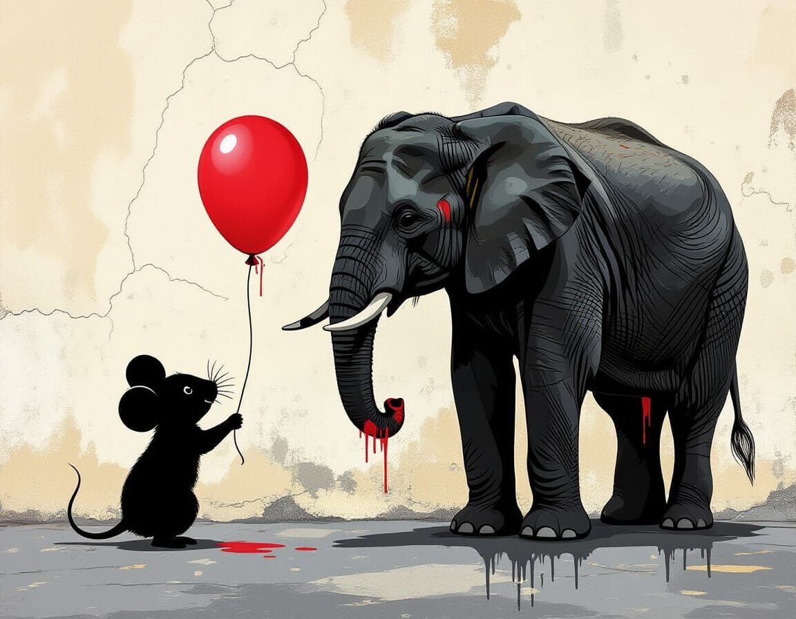 Whimsical Graffiti Mural of Mouse Offering Balloon to Elepha...