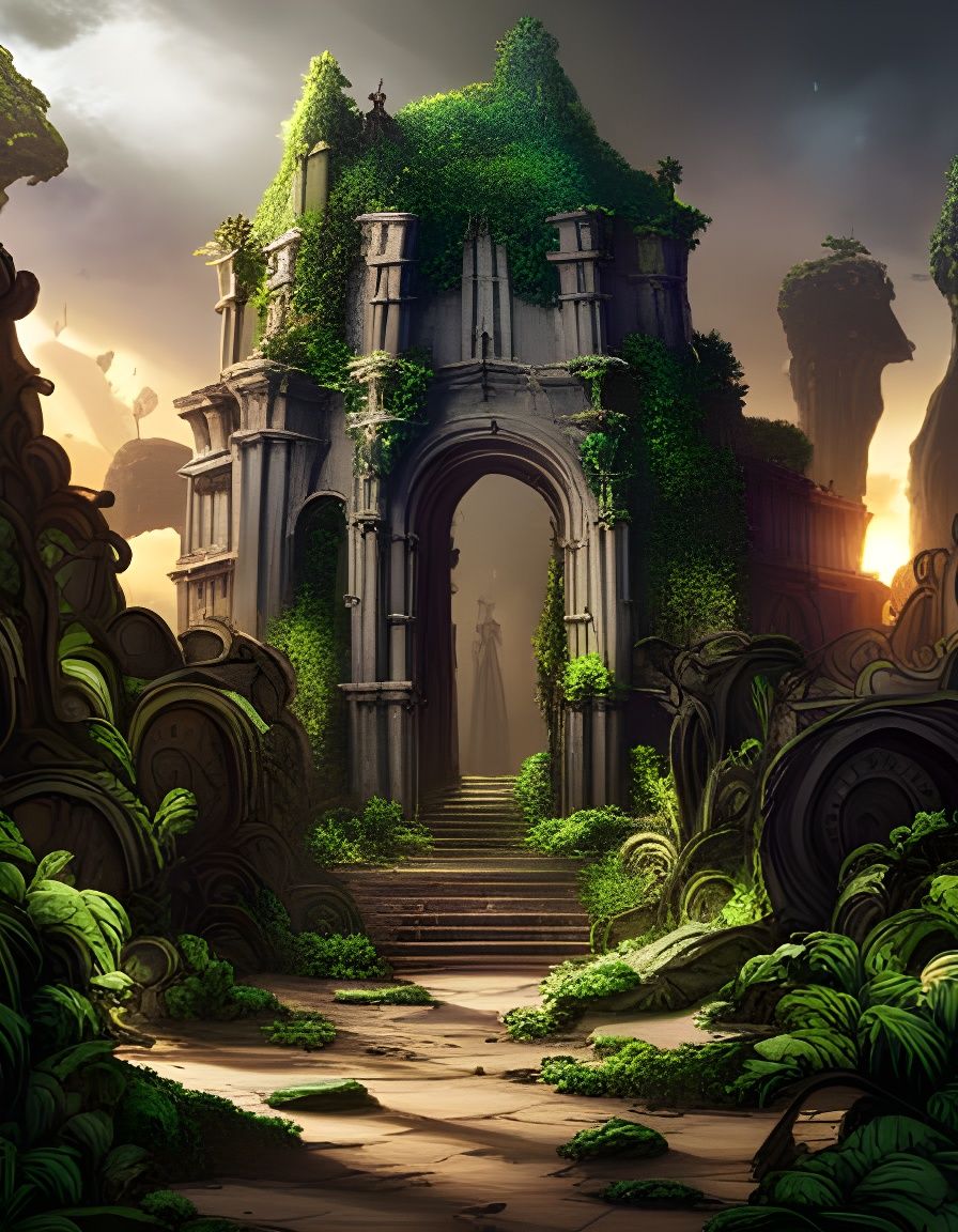Forest Temple Ruins in Detailed Fantasy Art