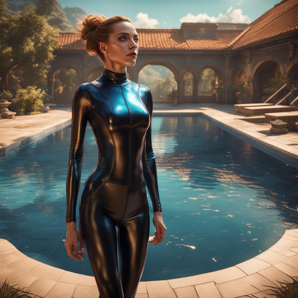 Latex Unitard Woman by Pool: Detailed Matte Painting