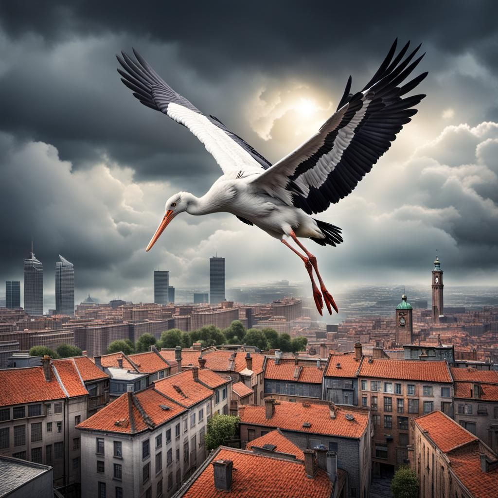 Stork Delivers Baby Over the City in HDR