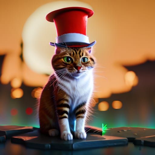 Hyperrealistic Cat in the Hat in Golden Light