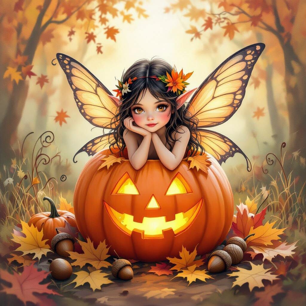 Charming Autumn Fairy in Pumpkin, Watercolor Style