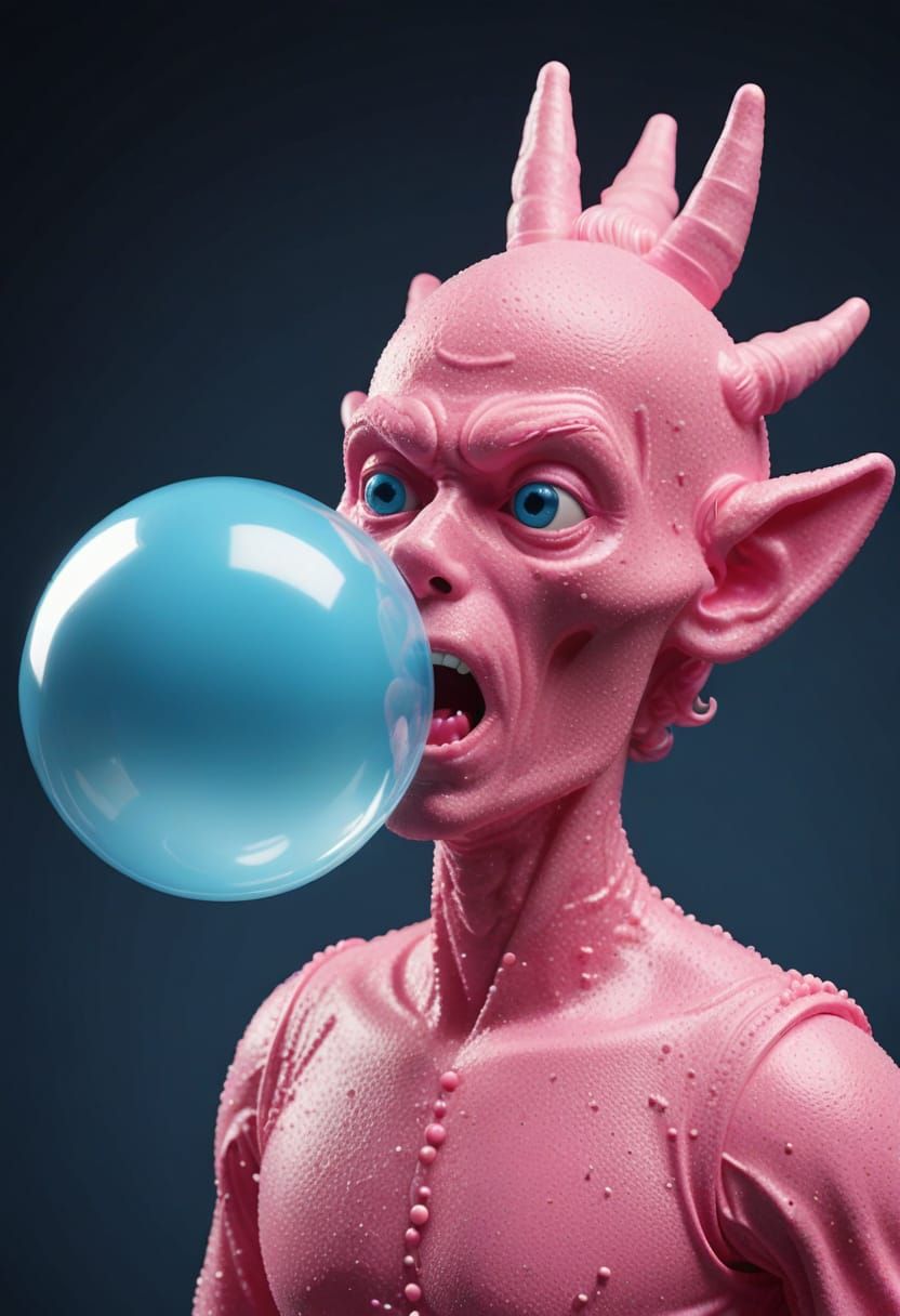 Fantasy Bubblegum Hero Blows Giant Blue Bubble