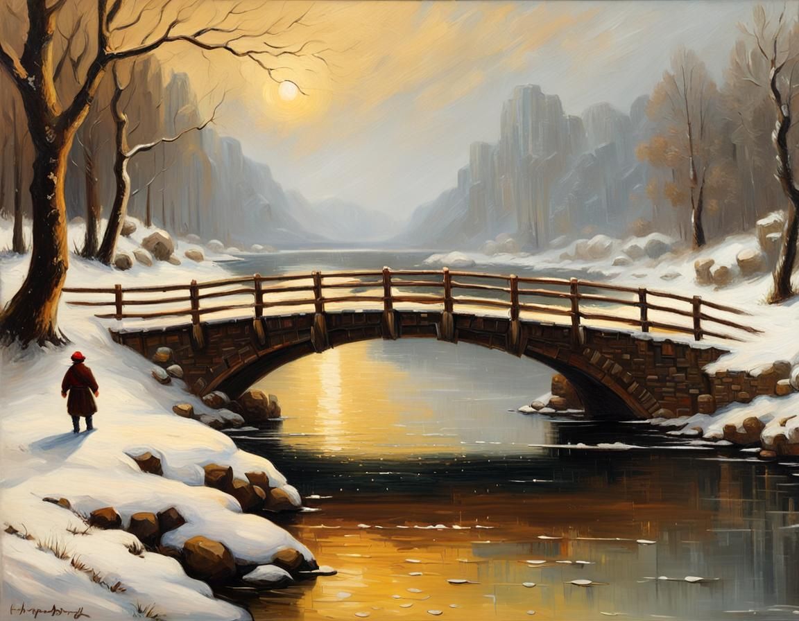 Snowstorm Suspension Bridge: Rembrandt-Style Oil Painting