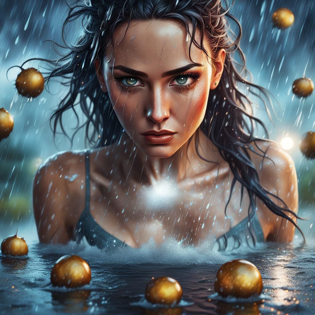 Hyperrealistic Woman in Storm with Sparkling Eyes