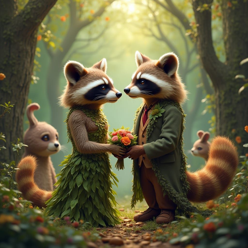 Raccoon Wedding in Lush Forest, Hyperrealistic Detail