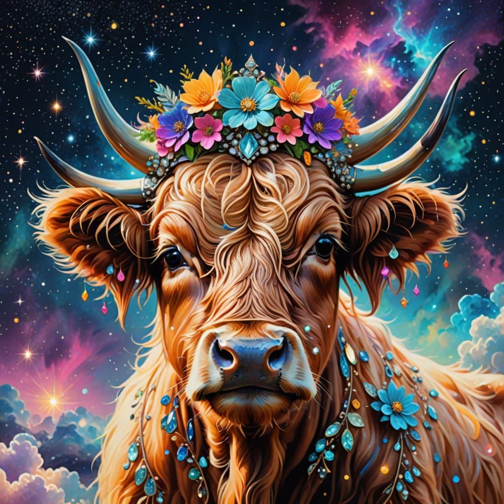 Baby Highland cow with bejeweled tiara with multicolored cry...