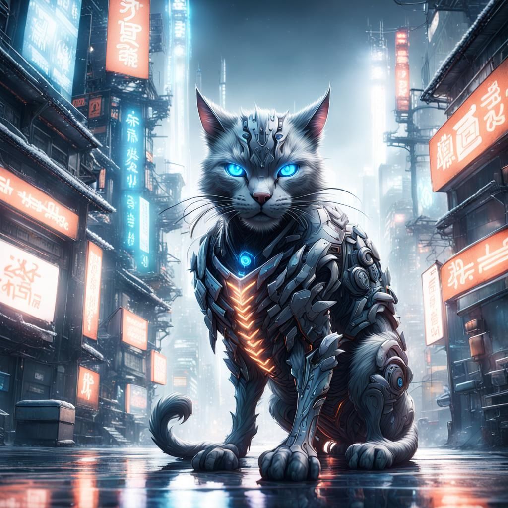 Menacing Cyber-Cat with Glowing Eyes in Tokyo