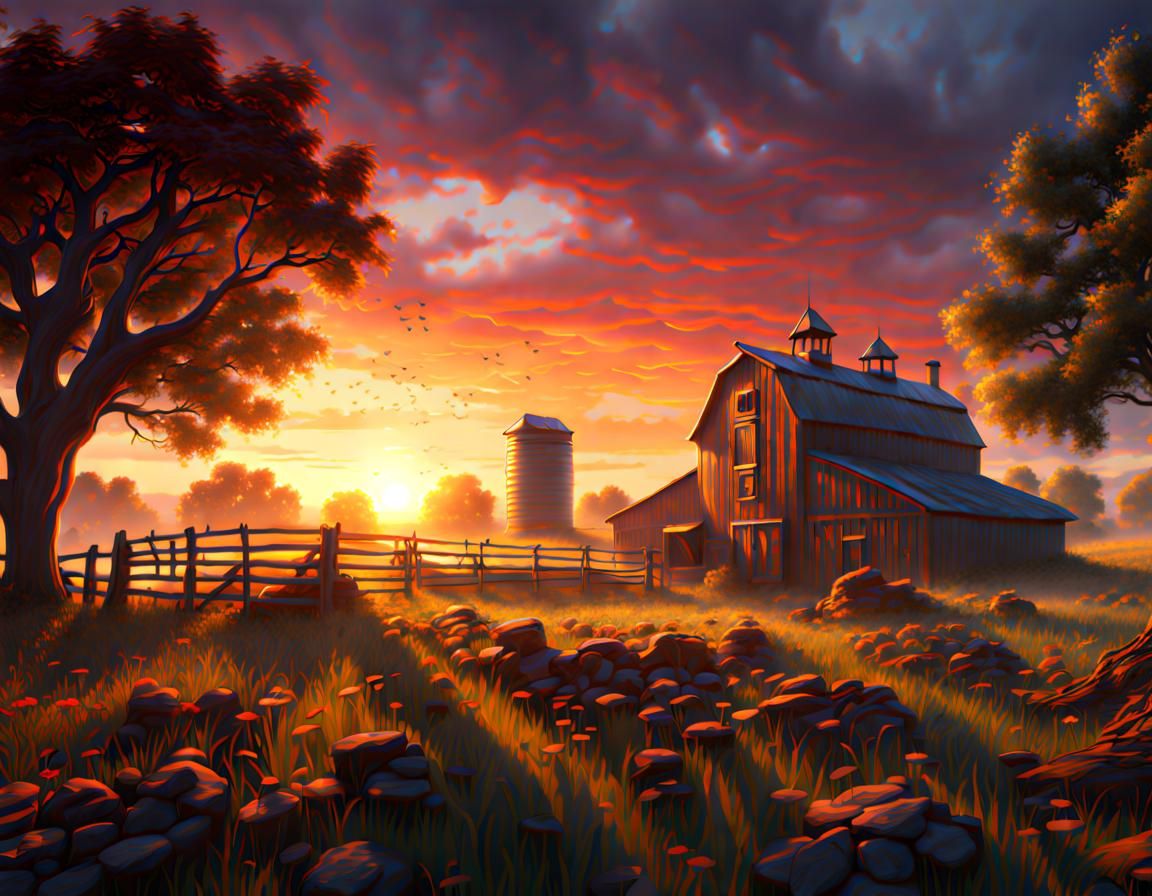 Iowa Farm Sunrise: Detailed Matte Painting