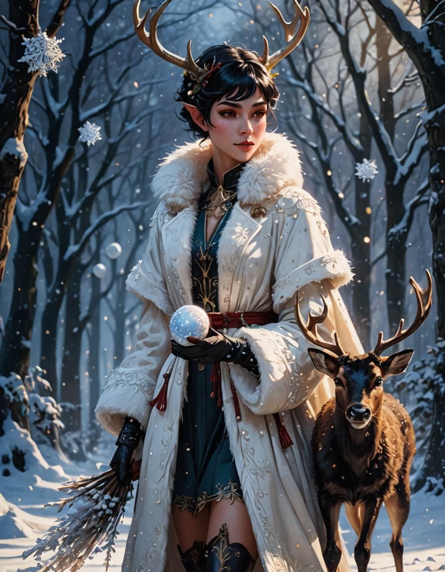Enchanted Winter Elf Maiden Throws Snowball