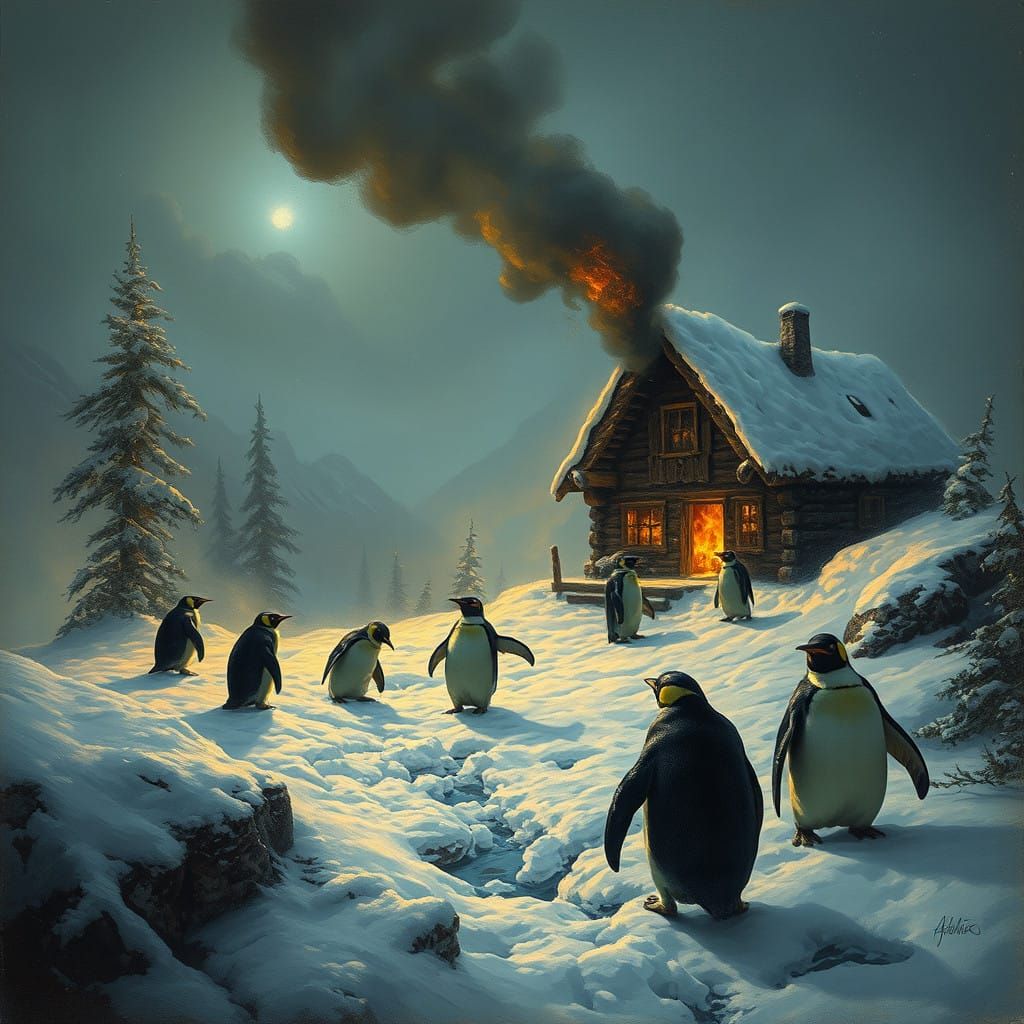 Penguins Unleash Fury on Snowy Cabin in Dark Cyberpunk Hues