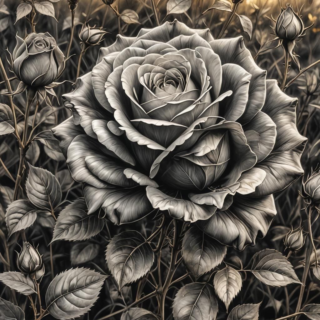 Rose Blooms in Weeds: Charcoal Drawing in Chiaroscuro