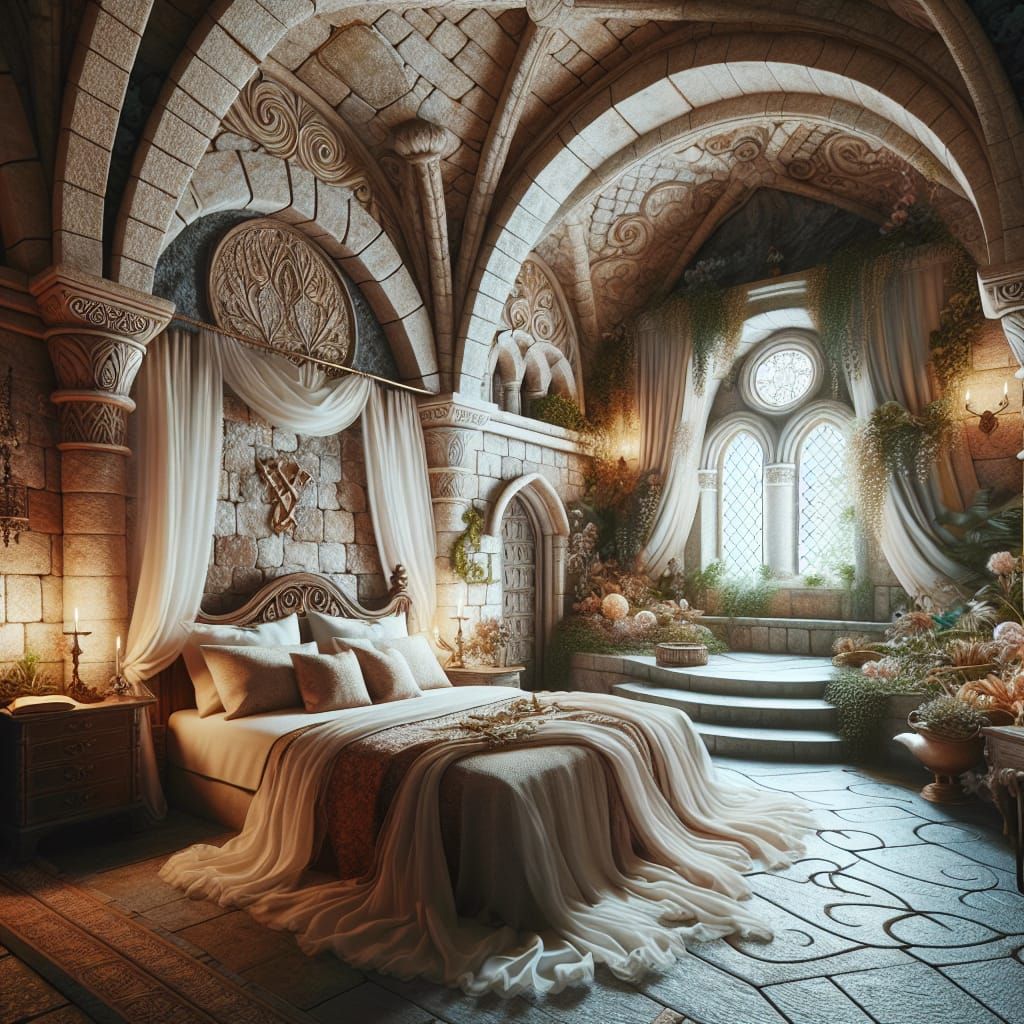 Medieval Fantasy Bedroom Sanctuary with Lush Greenery