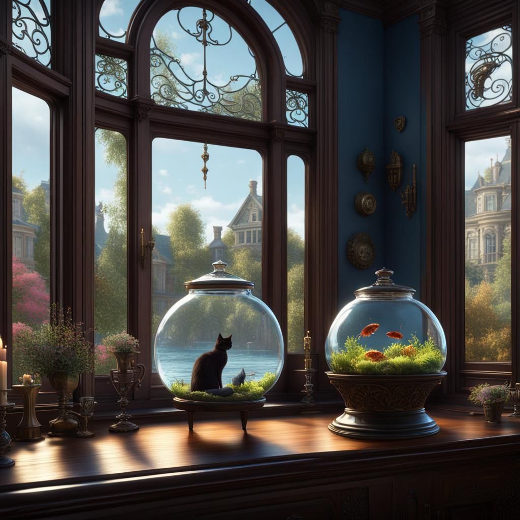 Cat Watching Goldfish in Victorian Mansion