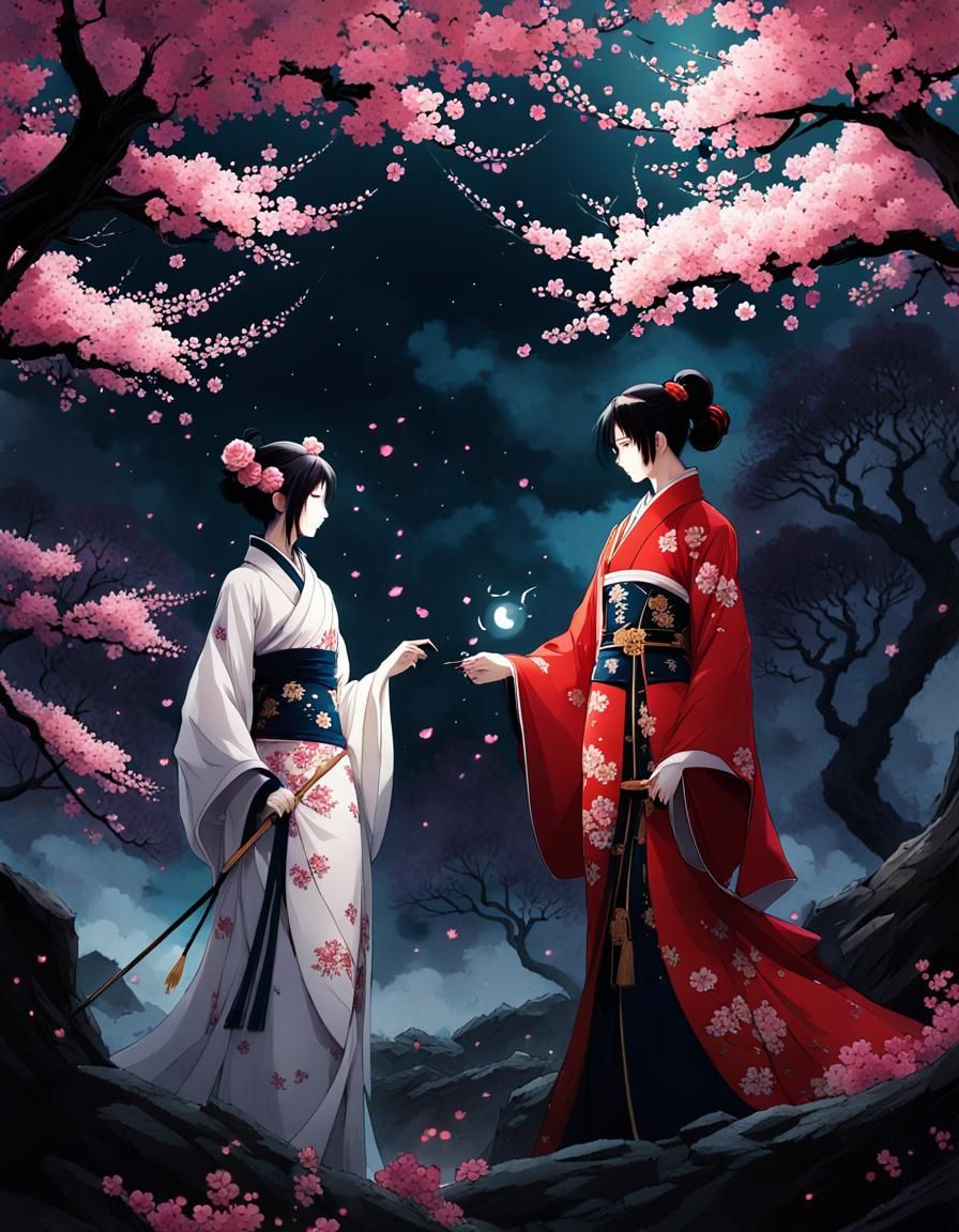 Anime Antagonists Clash Under Cherry Blossom Moonlight