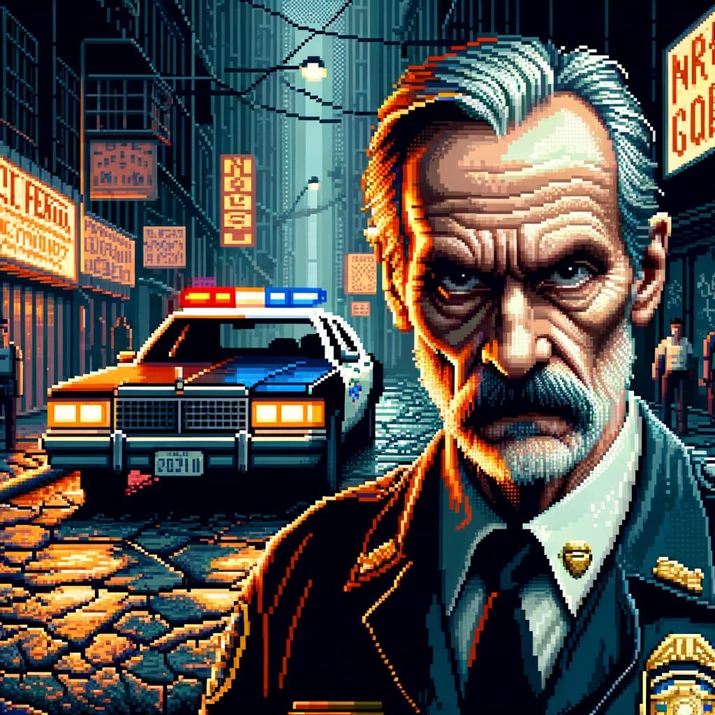 Grizzled Cop in 16-bit Pixel Art Style