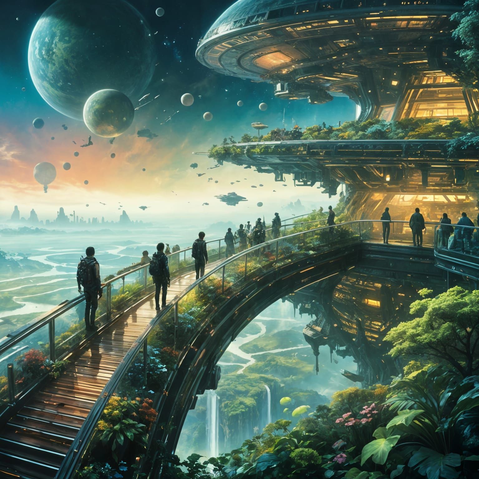 Vibrant Starship Observation Deck in a Cloudy Galaxy