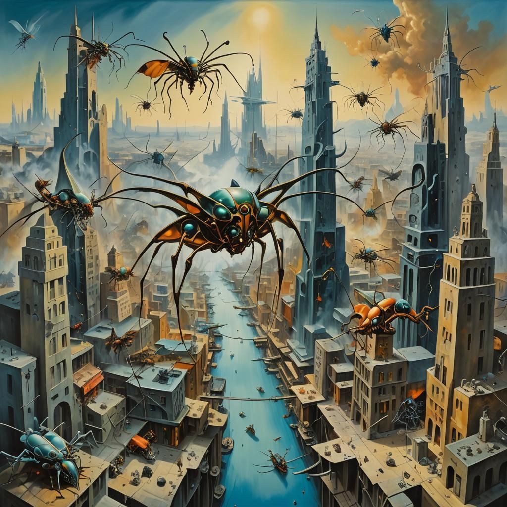 Giant Mantis Attack on Futuristic City, Salvador Dali Style