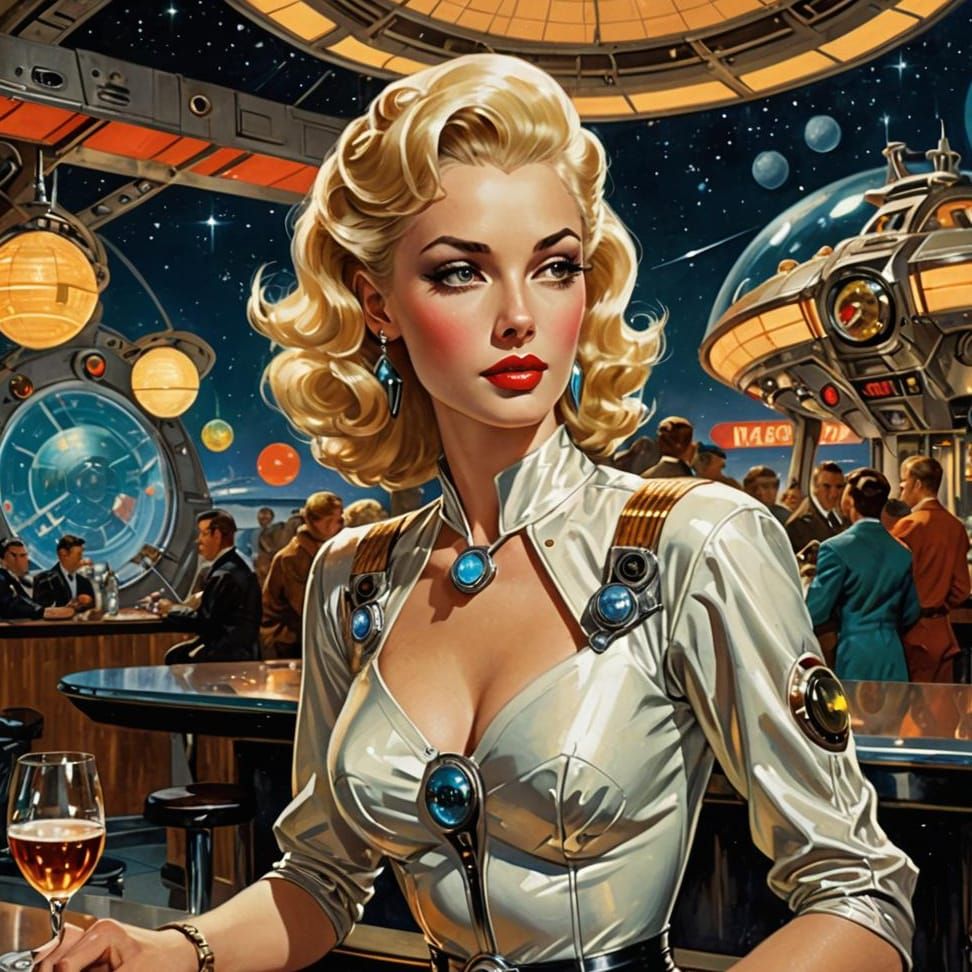 Retrofuturistic Singer in Space Station Bar