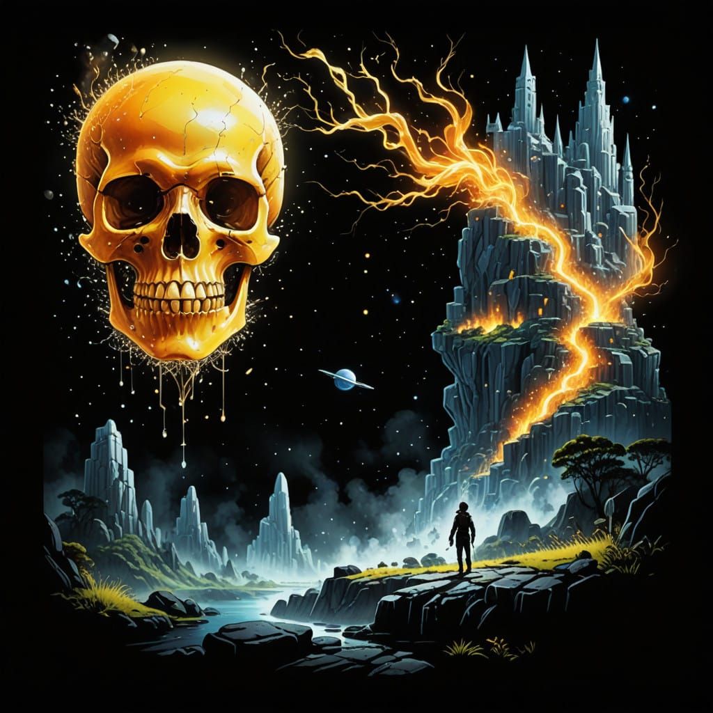 Whimsical Far Future Timeline in Glowing Golden Fire