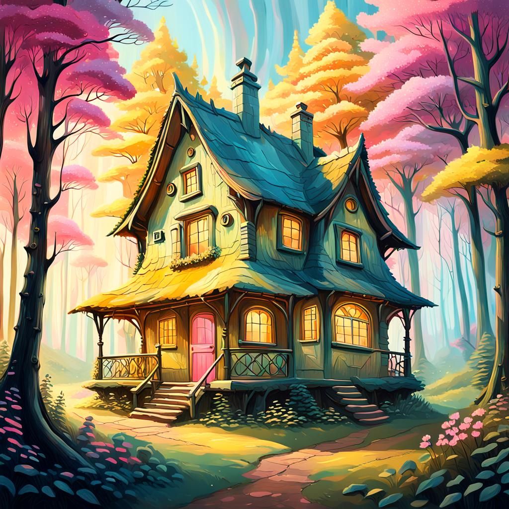 Dreamy Cottage in Forest with Abstract Expressionism