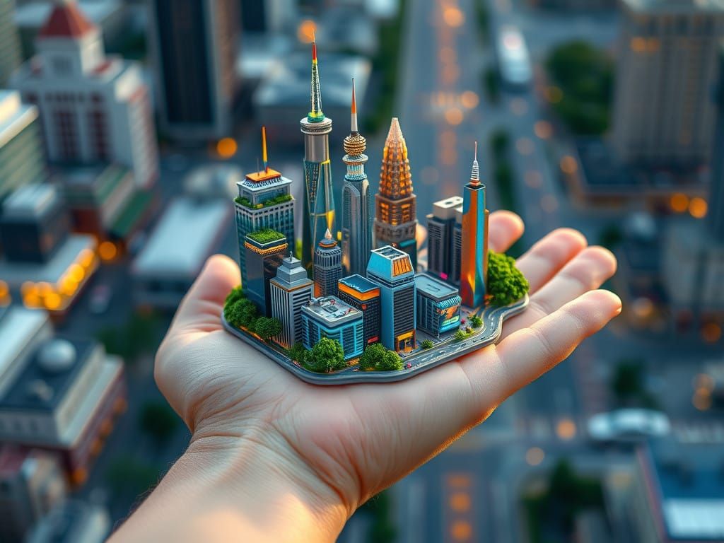 Whimsical Cityscape in a Child's Hand, in Hyper-Realistic St...