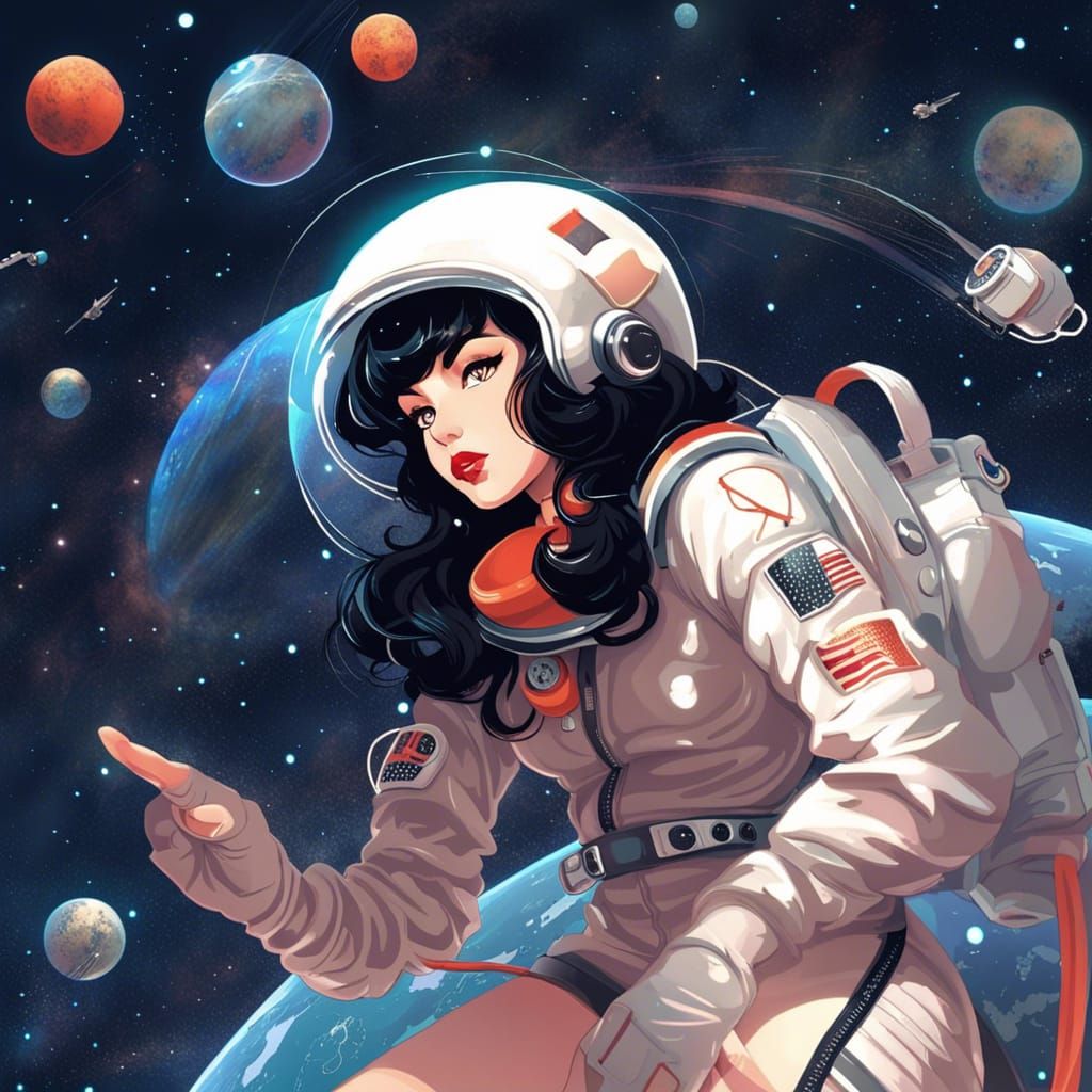 Bettie Page as Retro-Futuristic Astronaut in Anime Style