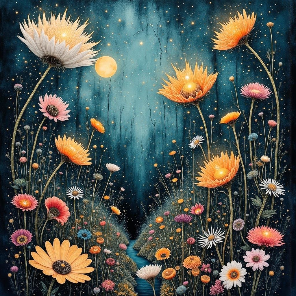 Whimsical Surreal Garden with Bioluminescent Flora and Fauna