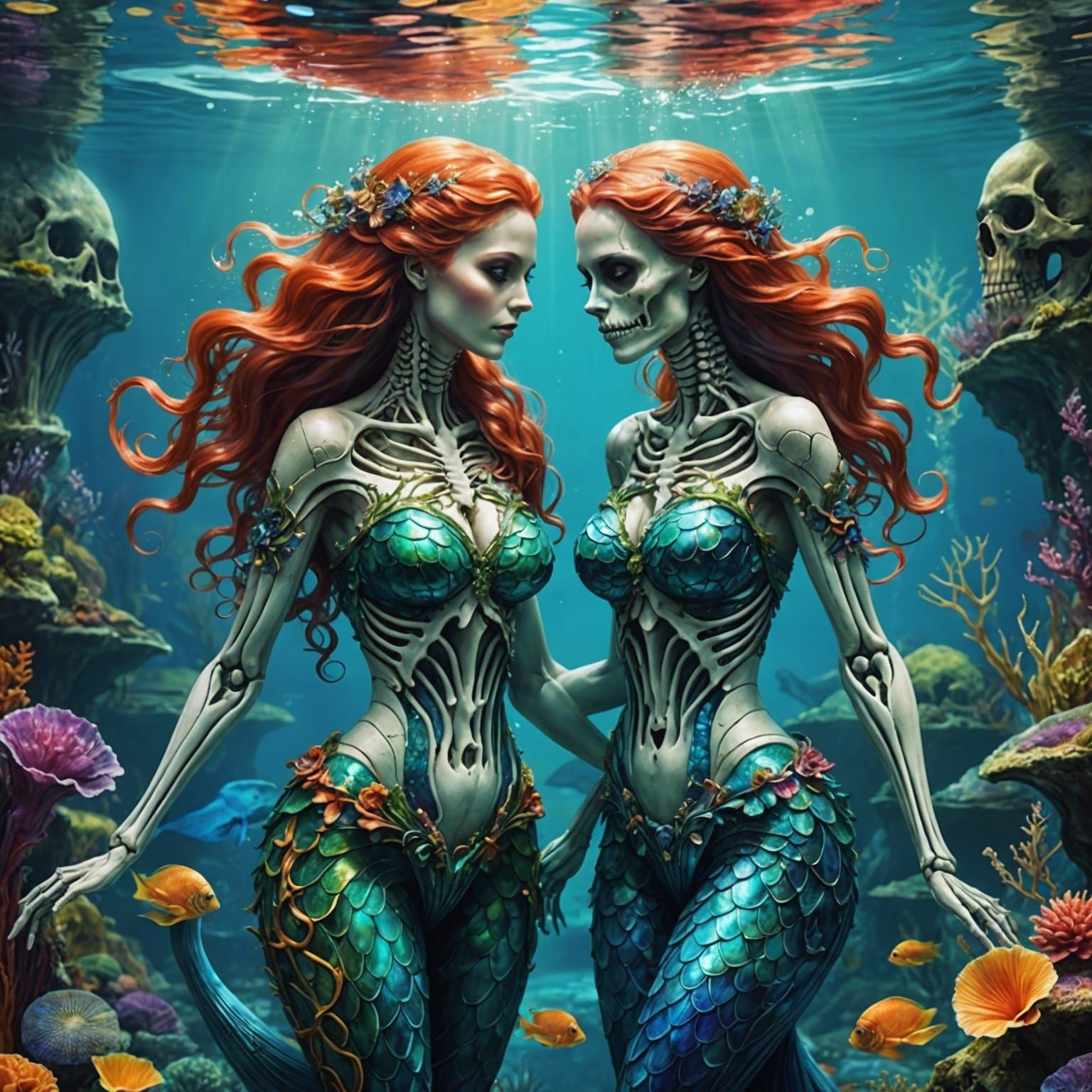 3D Manga Double Exposure of Mermaids and Skeleton