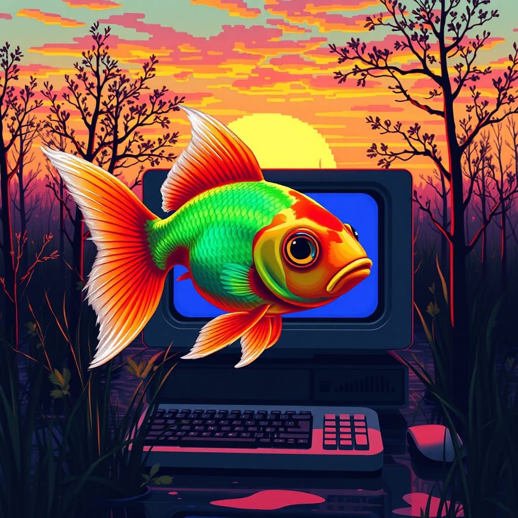 Pixelated Goldfish Portrait with Retro Computer