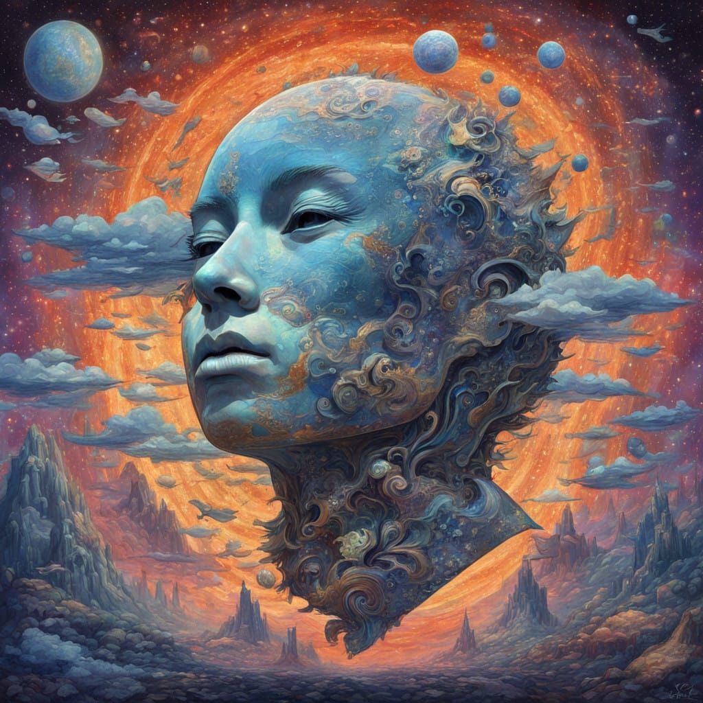 Cosmic Astral Beauty Meets Existential Terror in Mixed Media