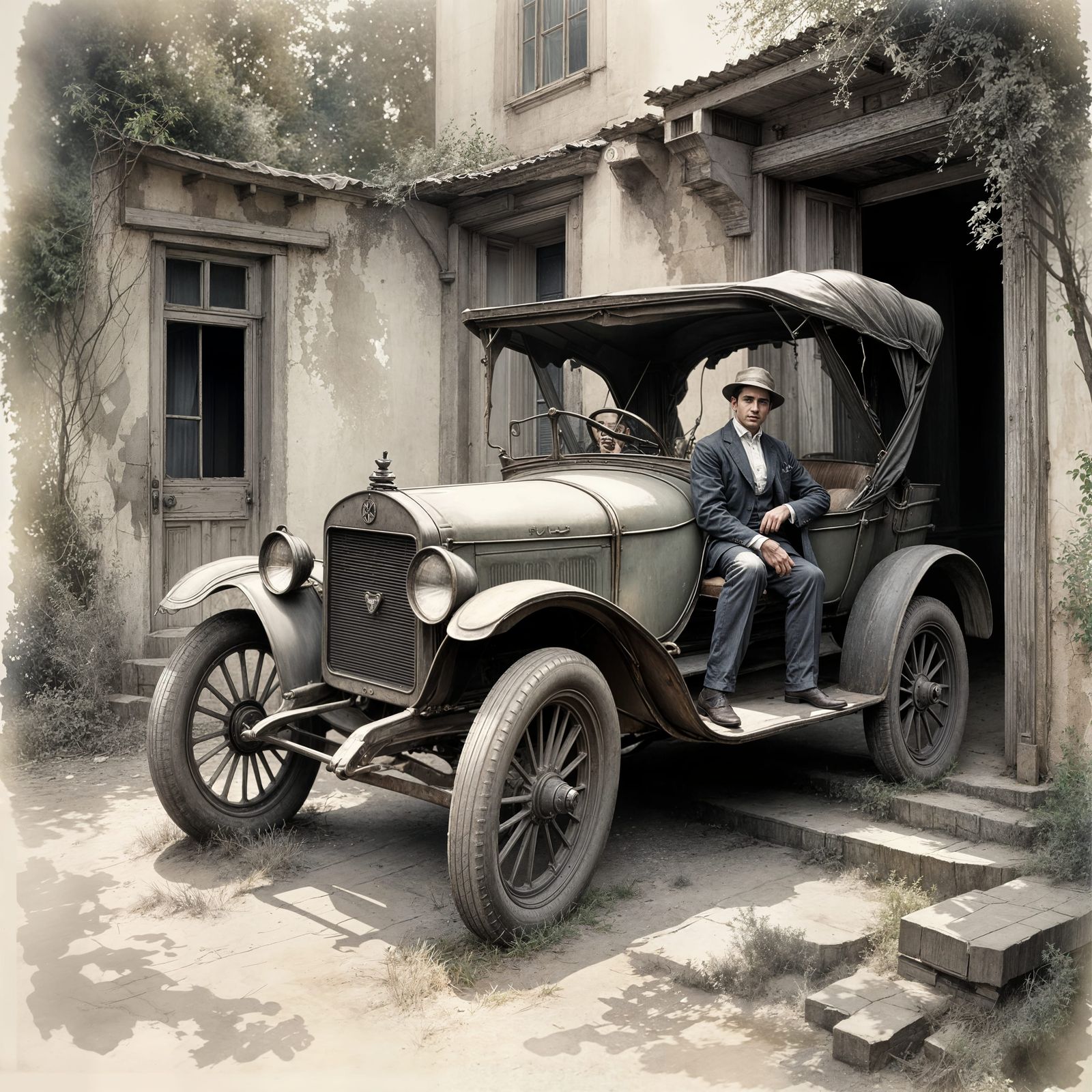 Antique Photo: Man and Damaged Model T Ford