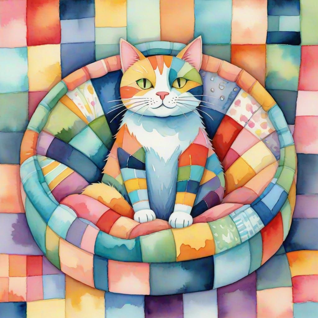 Whimsical Watercolor Cat in Patchwork Fabrics
