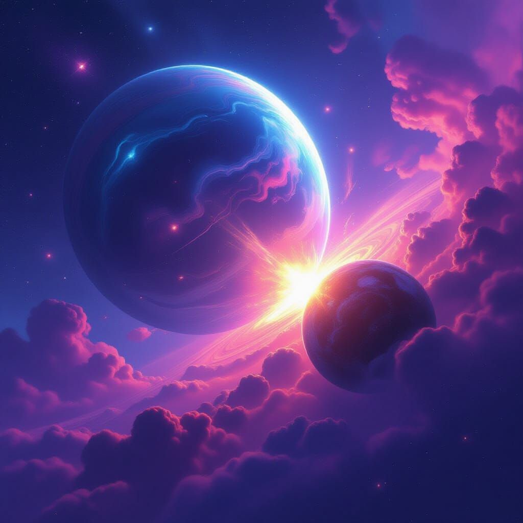 Planetary Collision Nebula Explosion in Vibrant Cosmic Style