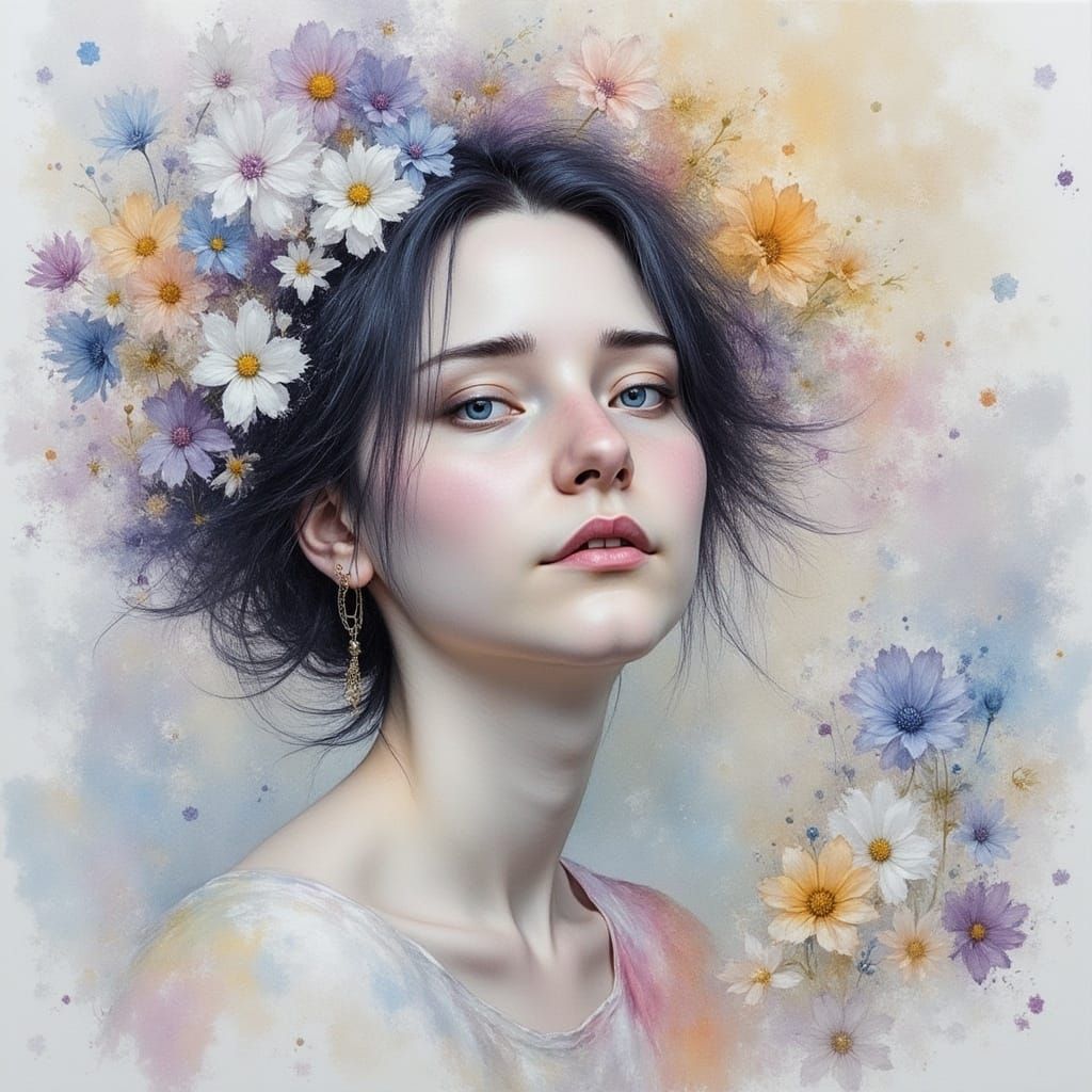 Silver Rainbow Portrait in Pastel Floral Style