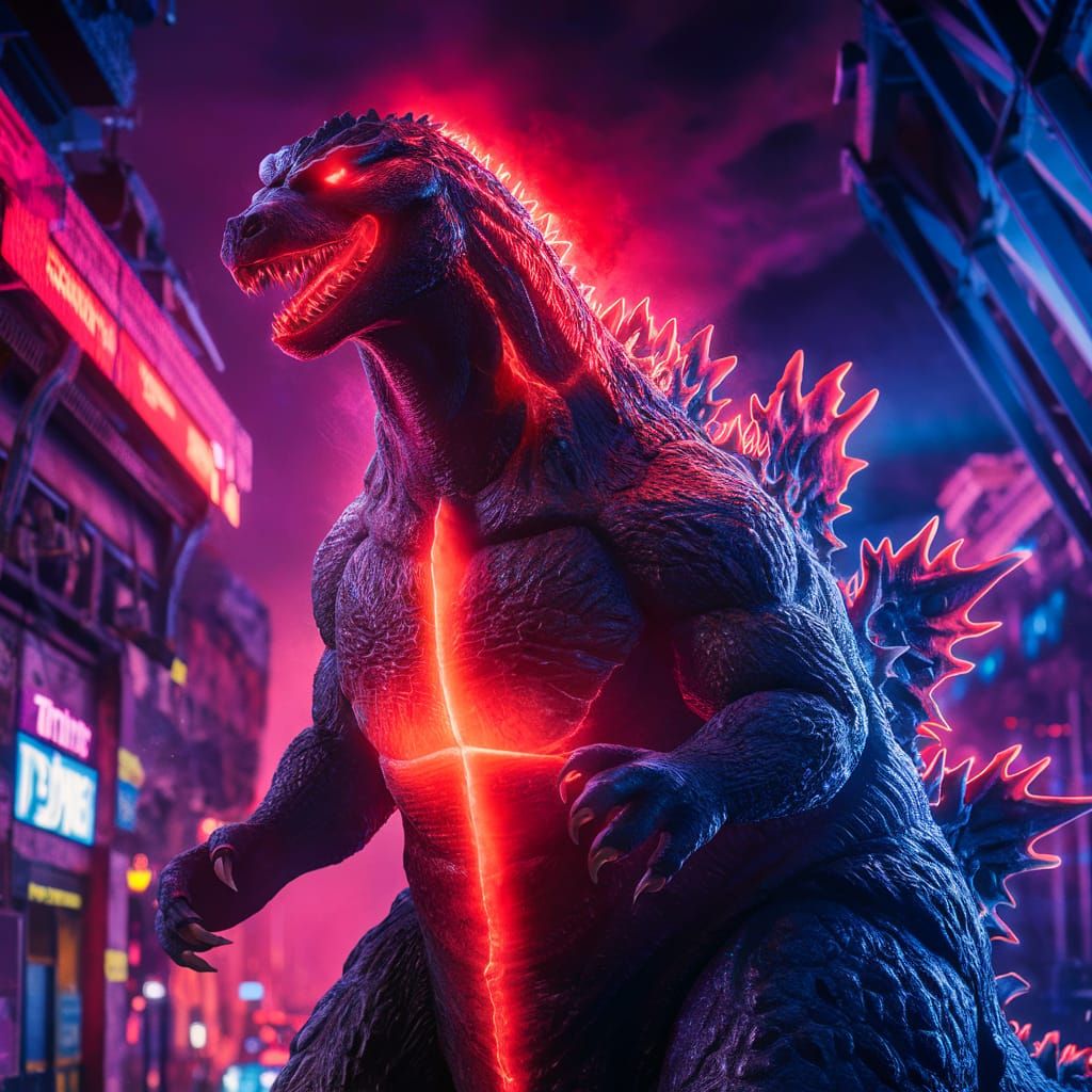 Godzilla with Red Glow in Dystopian Cityscape