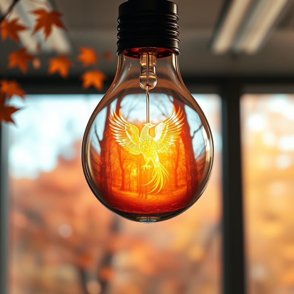 Glowing Phoenix in Lightbulb Over Autumn Forest