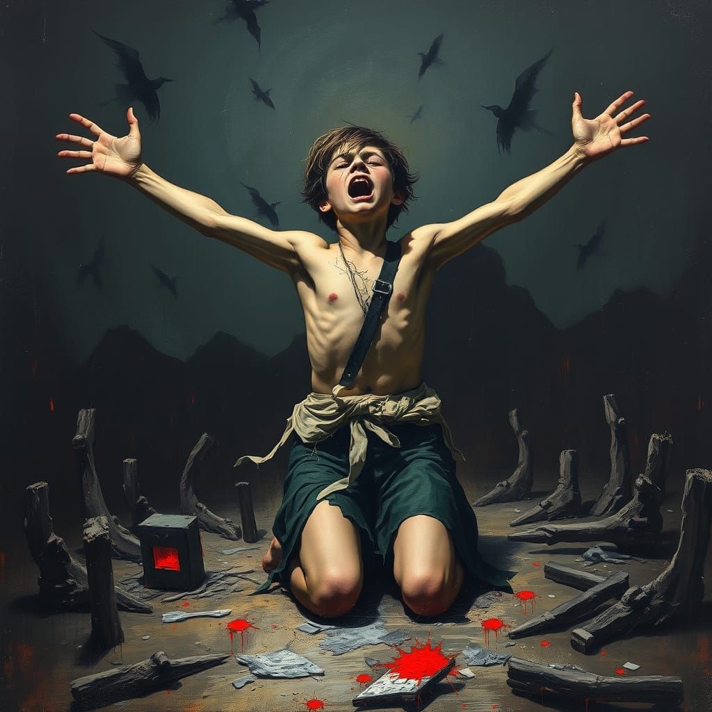 Anguished Figure Pleading to Higher Power in Dramatic Scene