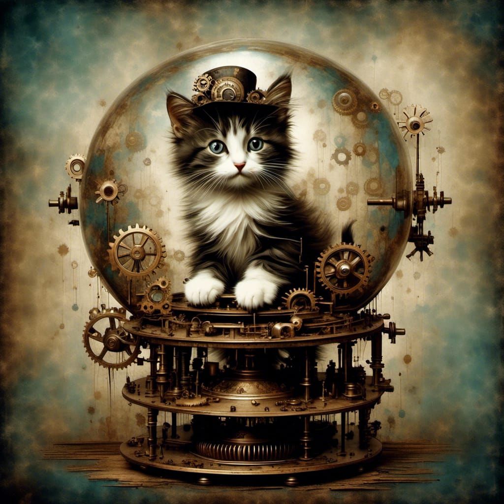 Steampunk Kitten Playing with Gears in Double Exposure