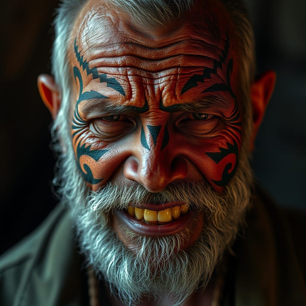 Hyperrealistic Portrait of Man with Tribal Tattoos