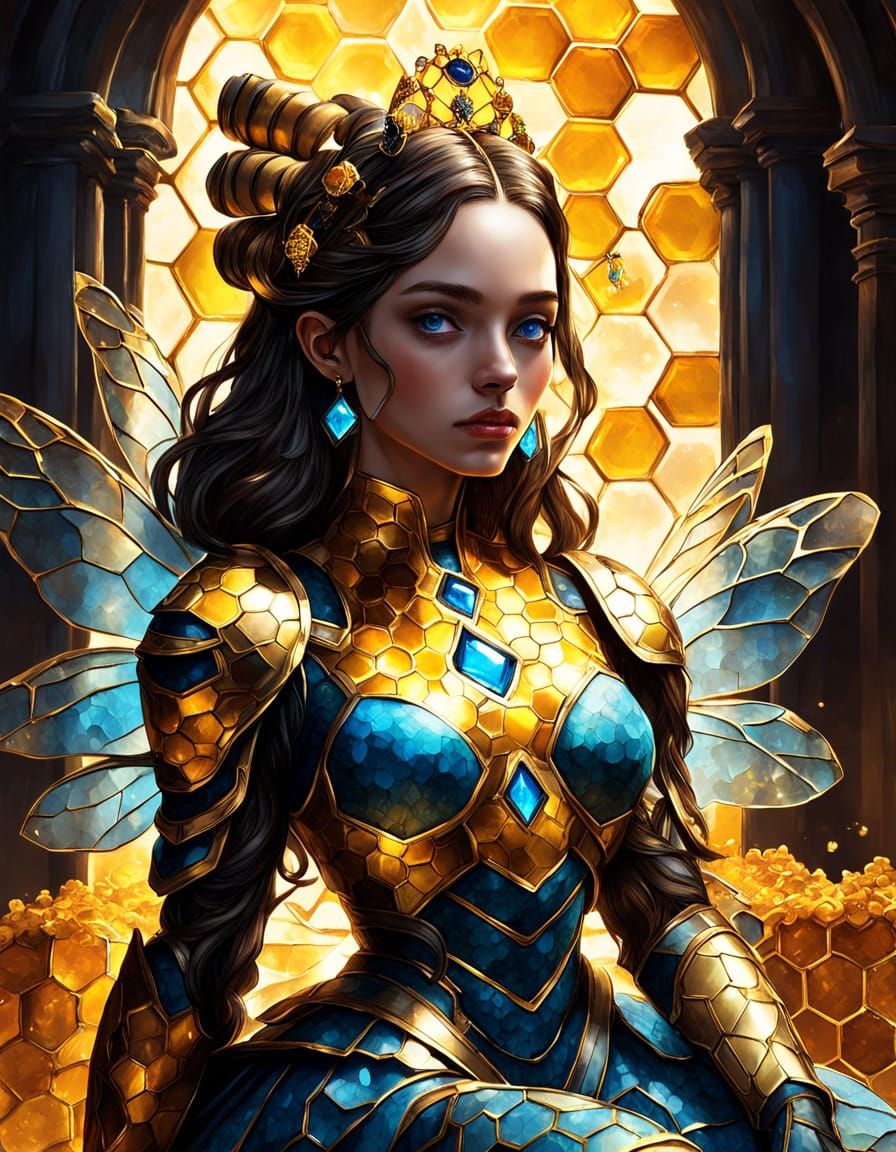 Ethereal Fantasy Queen Bee Goddess in Golden Honey Throne Ro...