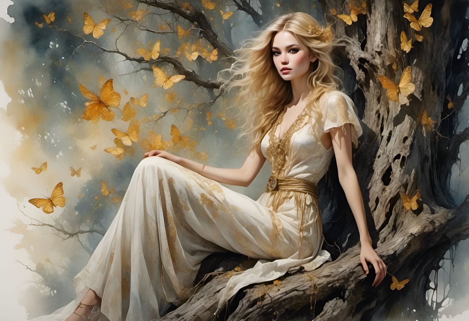 Woman in Tree with Fireflies: Watercolor Art