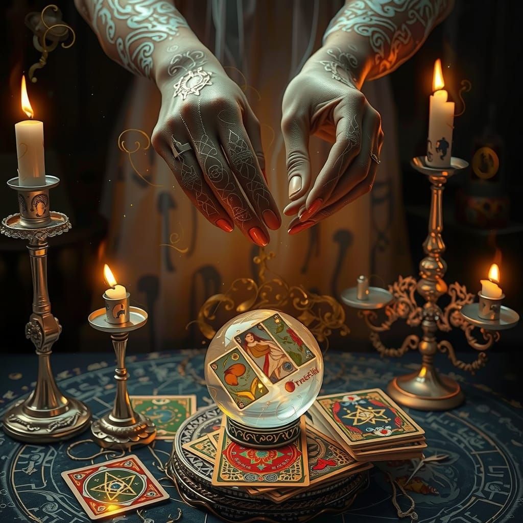 Mystical Tarot Reader in Dark Futuristic Aura