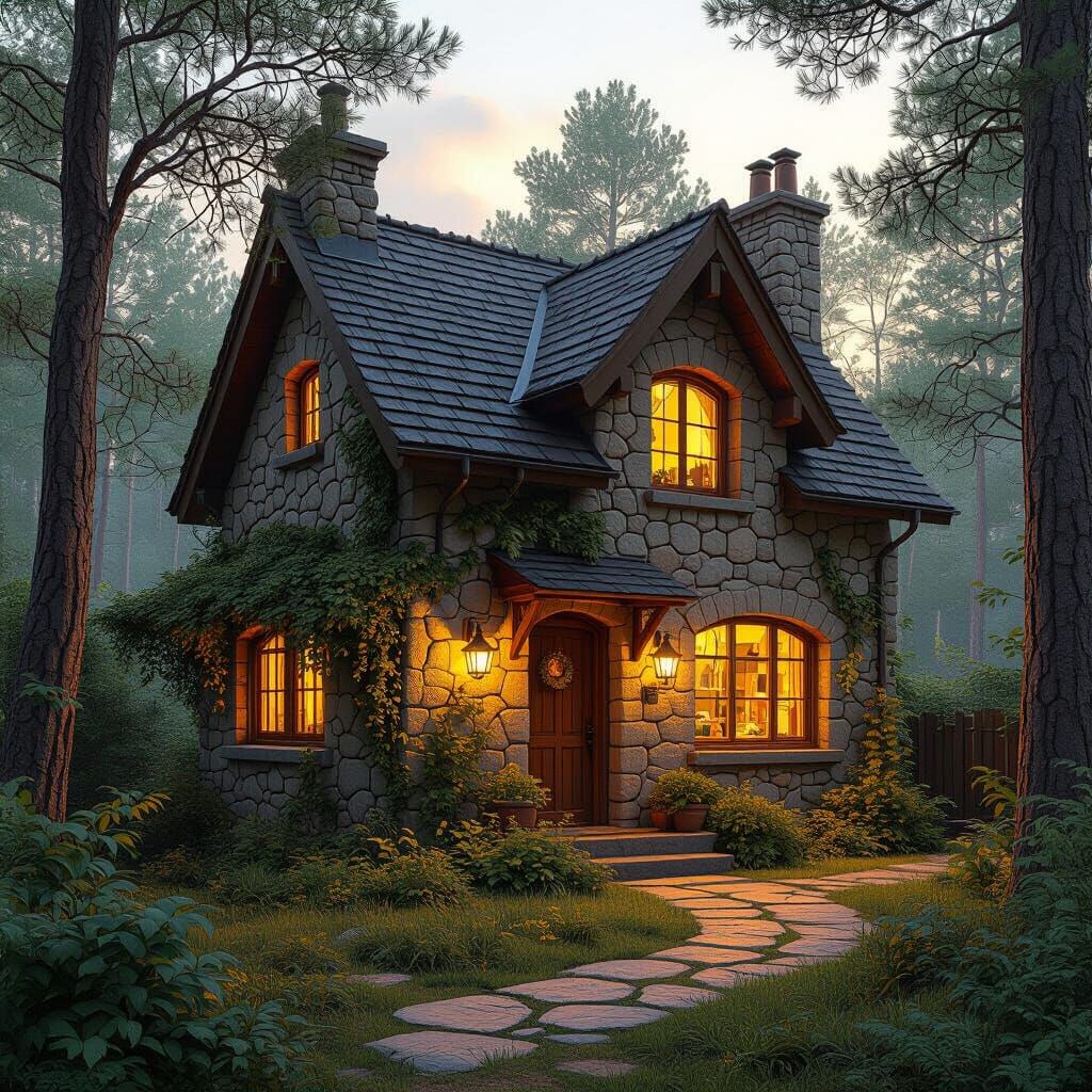 Cozy Cottage with Rustic Stone Walls and Golden Lighting