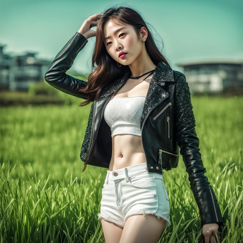 Korean Girl in Crop Top on Green Grass