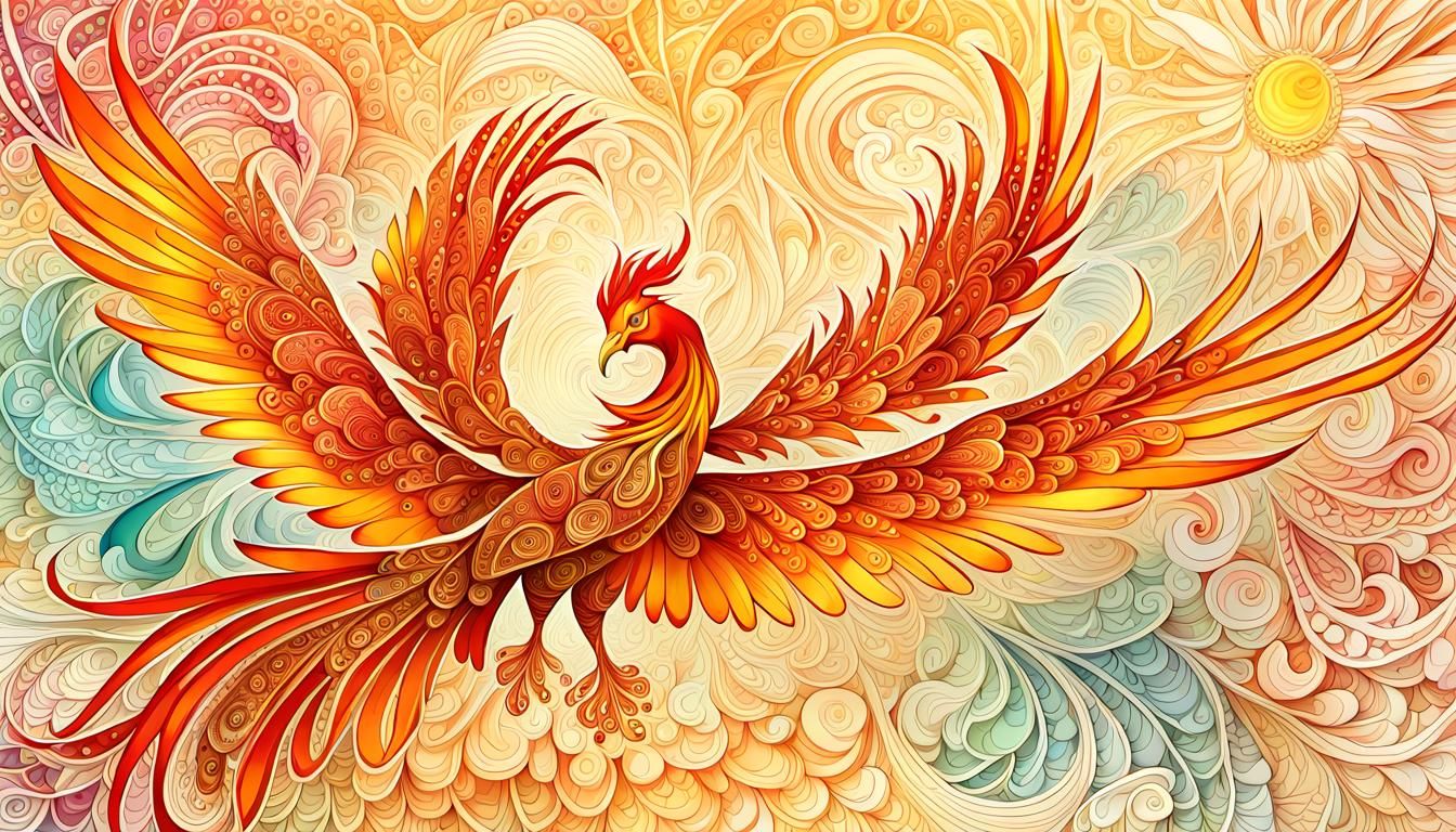 Fiery Phoenix Bursting from Sun: Zentangle Art