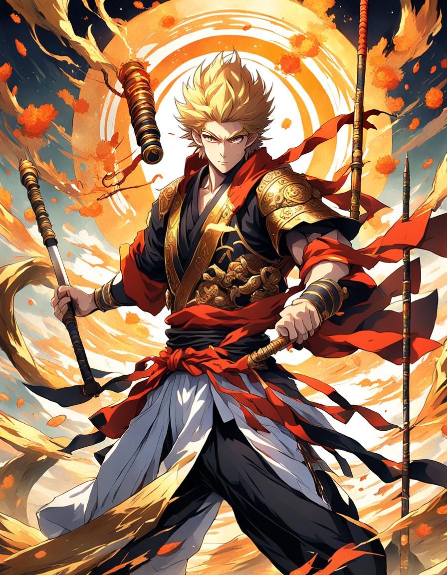 Anime-Style Sun Wukong Portrait with Rod