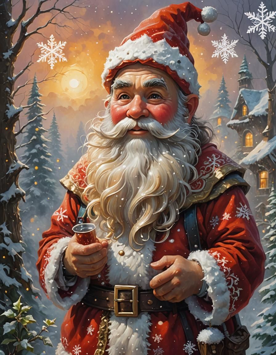 Gnome Santa Claus in Misty Winter Landscape as Oil Painting