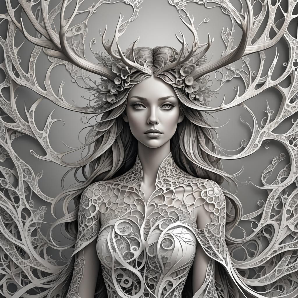 Girl with Antlers in Abstract Fractal Style