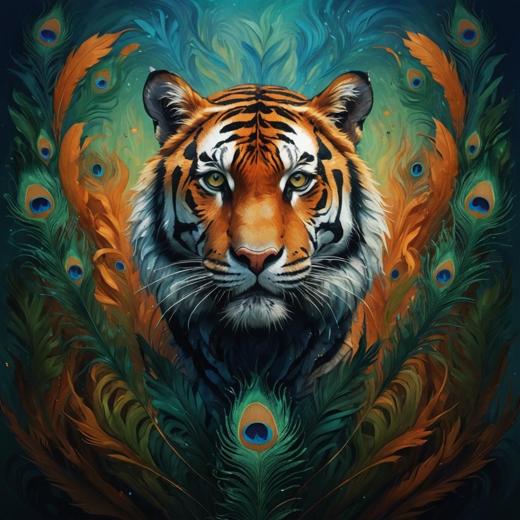 Tigers with Peacock Feathers in Abstract Expressionism